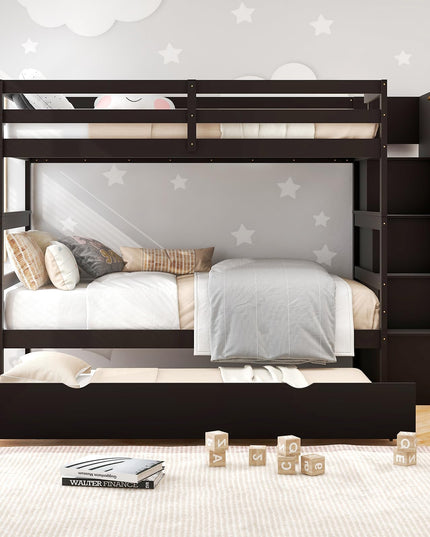 Giantex Twin Over Twin Bunk Bed with Trundle and Storage Stairs, Solid Wood Bunk Bed Convertible 3 Bed Frames for Bedroom