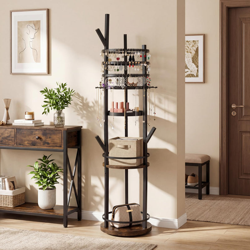 CHARMAID 360° Rotating Floor Standing Jewelry Organizer | 58.5" Jewelry Tree with 3-Tier Earring Holders