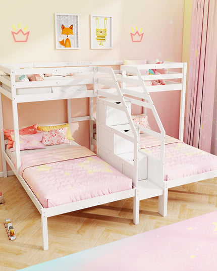 Giantex Lit Superposé Triple (Lits Jumeaux sur Lits Jumeaux et Lits Jumeaux) avec Escalier de Rangement à 4 Marches, 3 Lits Superposés en Bois pour Enfants et Adolescents
