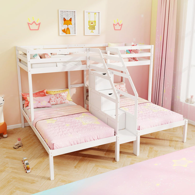 Giantex Lit Superposé Triple (Lits Jumeaux sur Lits Jumeaux et Lits Jumeaux) avec Escalier de Rangement à 4 Marches, 3 Lits Superposés en Bois pour Enfants et Adolescents