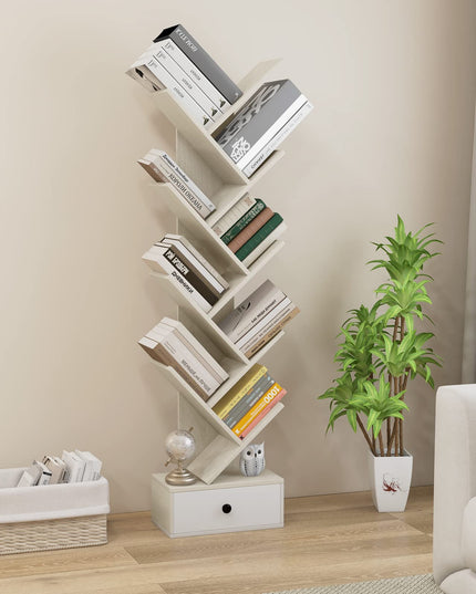 Giantex 10-Tier Tree Bookshelf with Drawer - 59" Freestanding Space Saving Wooden Bookcase