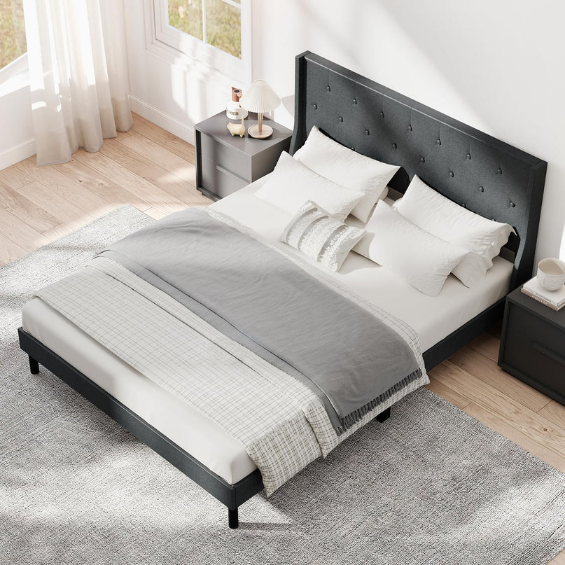 Giantex Queen Size Upholstered Bed Frame with Button Tufted Wingback Headboard