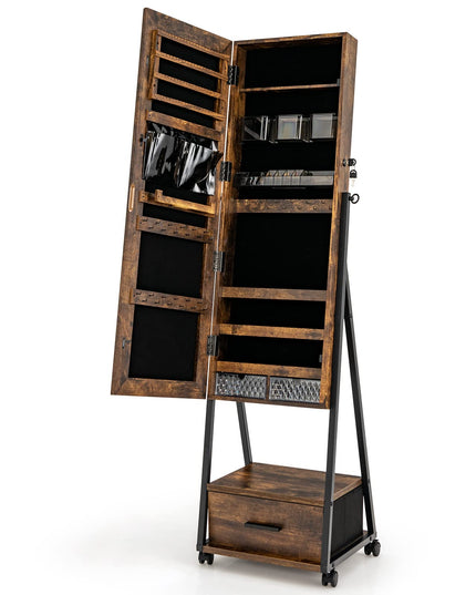 CHARMAID Rolling Jewelry Cabinet with Full Length Mirror, Lockable Standing Jewelry Armoire with Wheels