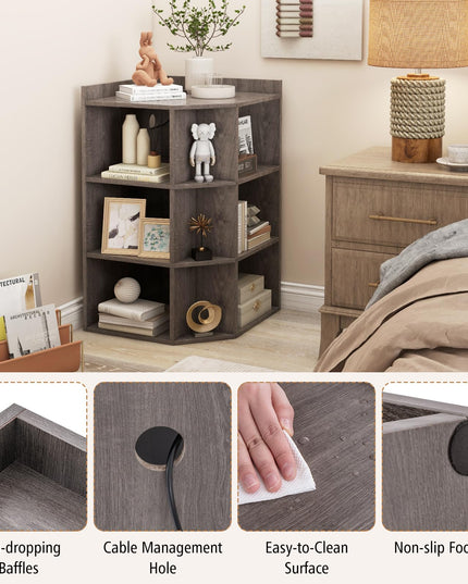 Giantex 3-Tier Corner Cabinet with Charging Station, Corner Shelf with 9 Cubbies, 2 USB Ports & 4 Outlets