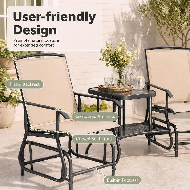 GIANTEX Outdoor Glider Chairs with 2-Tier Center Table