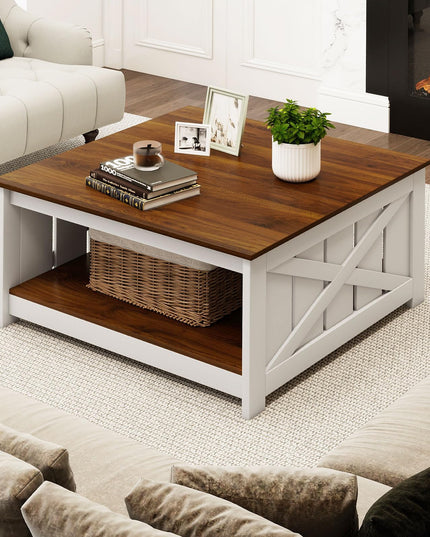 Giantex 31 Inch Farmhouse Square Wood Coffee Table with Storage Shelf  Open Compartment