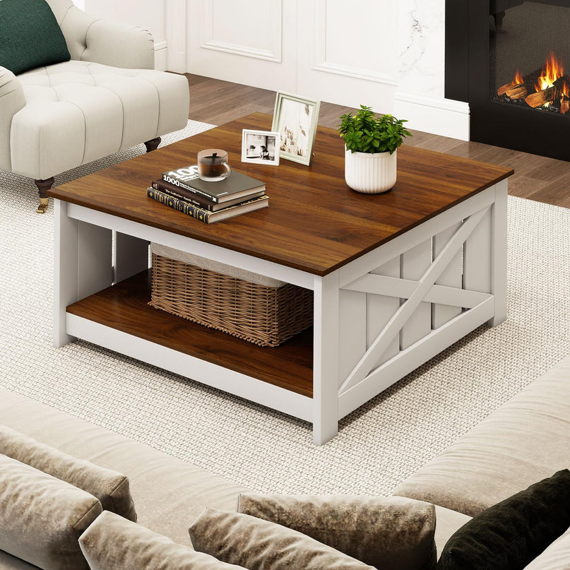 Giantex 31 Inch Farmhouse Square Wood Coffee Table with Storage Shelf  Open Compartment