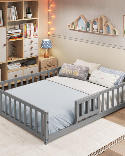 Giantex Full Size Floor Bed for Kids, Montessori Floor Bed with Wood Slats & Safety Guardrails