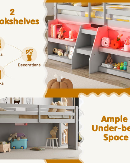 Giantex Low Loft Bed with LED Lights, Wooden Twin Loft Bed with Stairs & Safety Guardrail