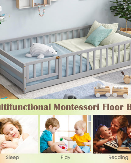Giantex Twin Floor Bed with Door & Fence, Kids Wood Montessori Bed with Safety Guardrails