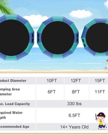 Giantex 10Ft 12Ft 15Ft Inflatable Water Trampoline, Floating Rebounder Trampoline with 500W Blower and 3-Step Rope Ladder
