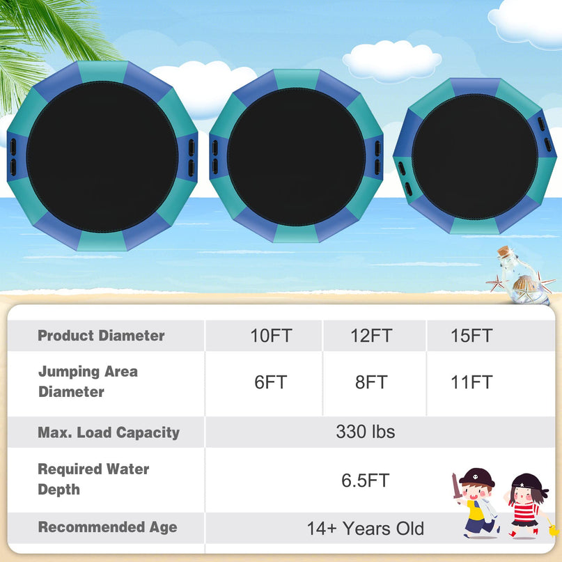 Giantex 10Ft 12Ft 15Ft Inflatable Water Trampoline, Floating Rebounder Trampoline with 500W Blower and 3-Step Rope Ladder