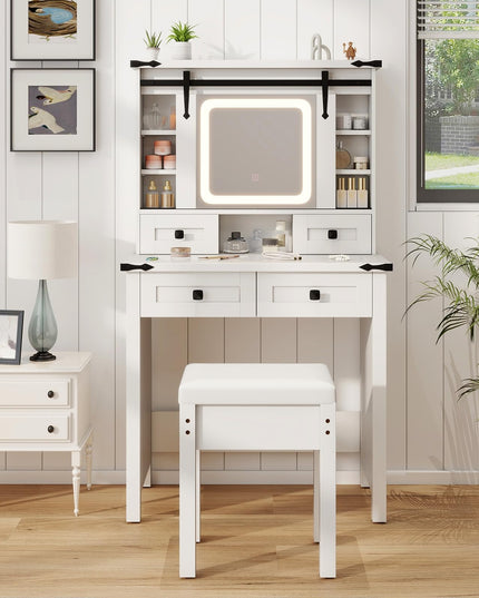 CHARMAID Farmhouse Vanity Desk with Drawers & Shelves, Rustic Vanity Dressing Table with Stool (31" Wide,White)