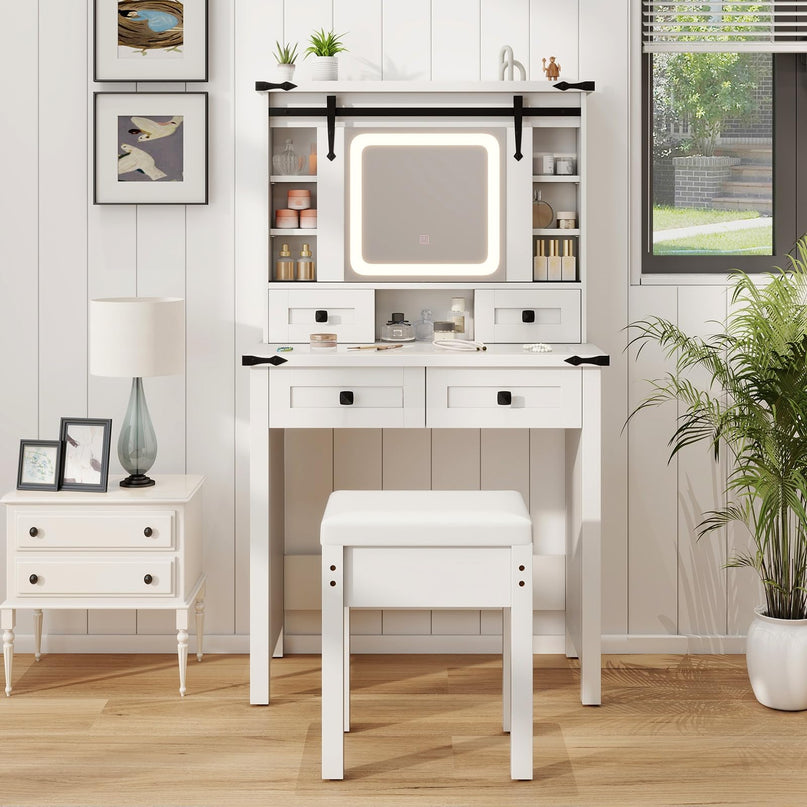 CHARMAID Farmhouse Vanity Desk with Drawers & Shelves, Rustic Vanity Dressing Table with Stool (31" Wide,White)
