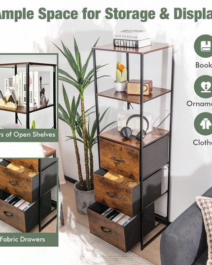 6 Tier Storage Cabinet, 61.5" Tall Storage Rack Storage Bookshelf w/Folding Drawers