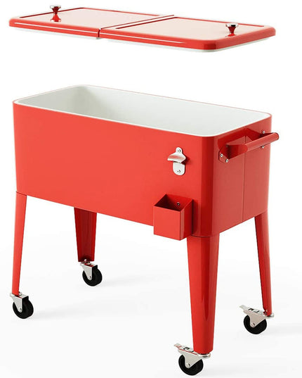 80 Quart Cooler Cart Outdoor Cooler Cart ,Portable Cooler with Casters,Red Metal