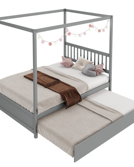 Giantex Canopy Bed w/ Trundle, Full Size Kids Solid Wood Platform Bed Frame