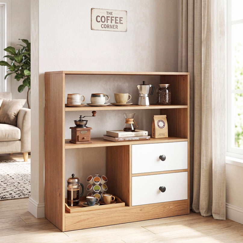 Giantex 4-Tier Bookshelf w/3 Open Compartments & 2 Detachable Fabric Drawers