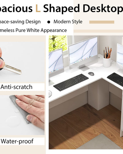 Giantex L Shaped Computer Desk, 51" Large Corner Desk with 2 Cable Holes & 2 Storage Shelves, White