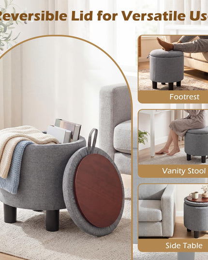 Giantex Round Ottoman with Storage Linen Fabric Upholstered