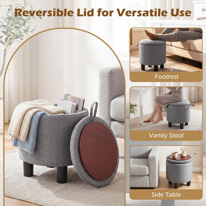 Giantex Round Ottoman with Storage Linen Fabric Upholstered