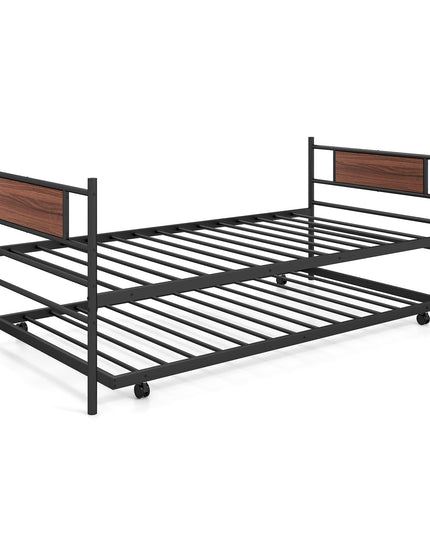 Giantex Metal Daybed with Trundle, Twin Size Day Bed with Wood Grain Headboard & Metal Slat Support
