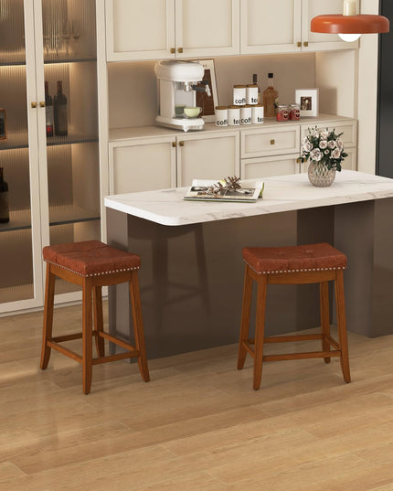 Giantex Bar Stools Set, 25" Counter Height Bar Stools w/Saddle Seat, Footrest, Rivet, Button Tufted, Rubber Wood Frame