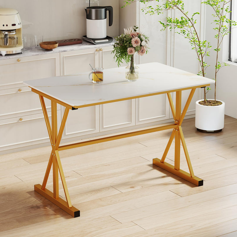 Giantex 44" Sintered Stone Dining Table with X-Shaped Gold Metal Frame