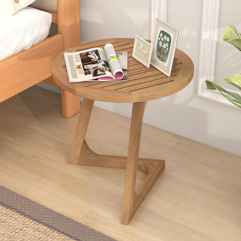 Giantex Teak Wood Outdoor Round Side Table with Slatted Tabletop