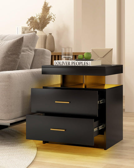 Giantex LED Nightstand, Modern Black Bedside Tables with 2 Storage Drawers