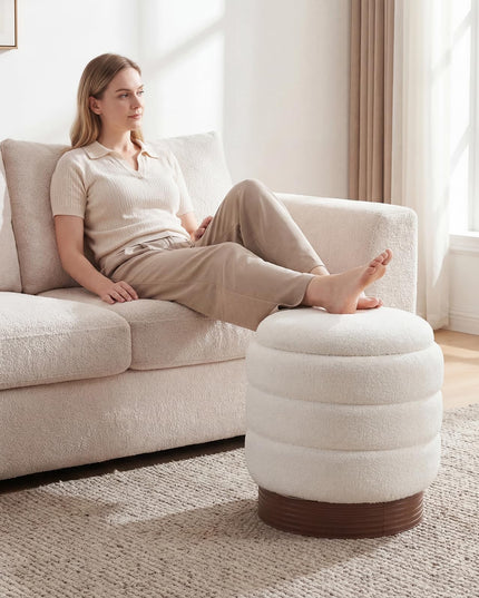 Giantex Round Ottoman with Storage 360° Swivel Boucle Vanity Stool