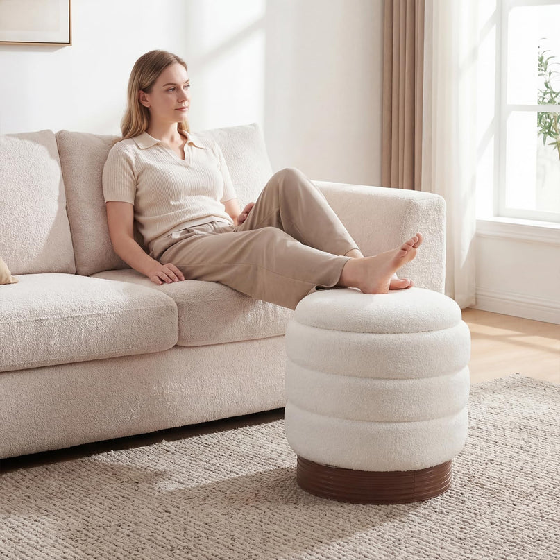 Giantex Round Ottoman with Storage 360° Swivel Boucle Vanity Stool