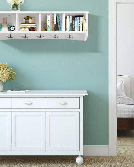 Giantex Wall-Mounted Storage Shelf W/4 Storage Units and 5 Dual Hooks
