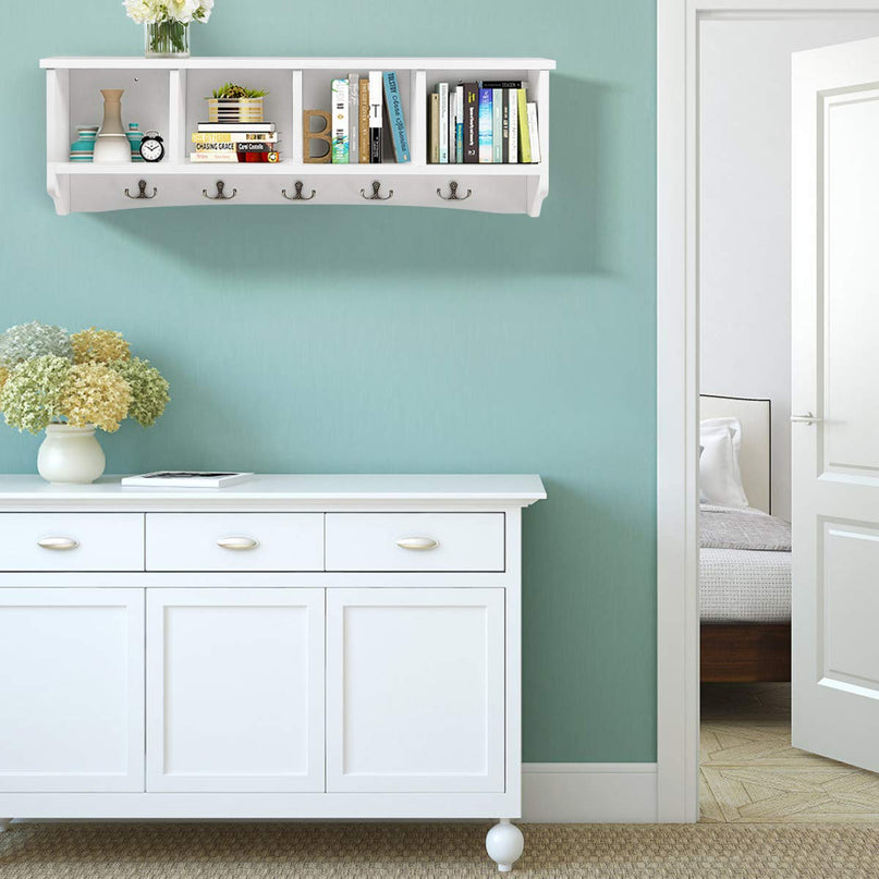 Giantex Wall-Mounted Storage Shelf W/4 Storage Units and 5 Dual Hooks