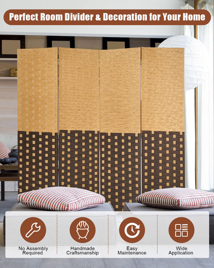 Giantex 4 Panel Room Divider, 6 Ft Tall Handmade Rattan Room Dividers, Portable Wood Room Separators Divider