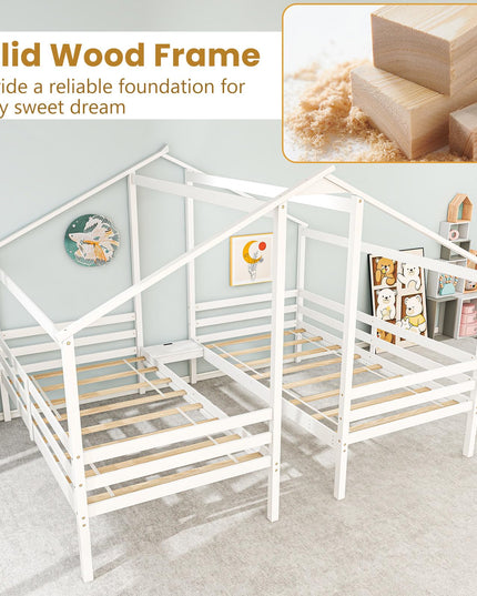 Giantex Double Twin Bed Frames for Kids, Wood House Shaped Platform with Built-in Nightstand & USB Port