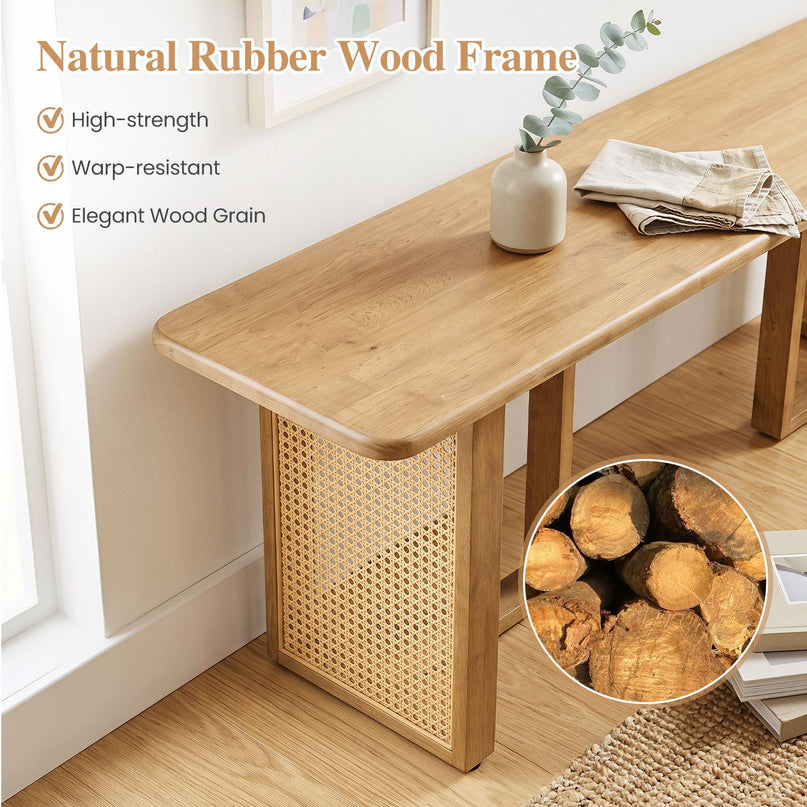 GIANTEX 55" Boho Rattan Dining Bench with Rubber Wood Frame (1/2)