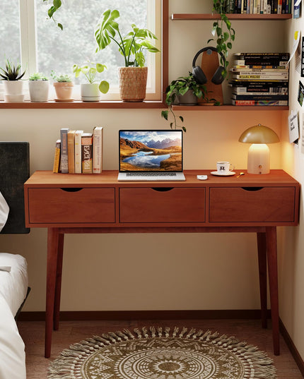 Giantex Writing Desk with 3 Drawers, 48" Computer Desk with Solid Wood Legs, Mid Century Modern Work Table