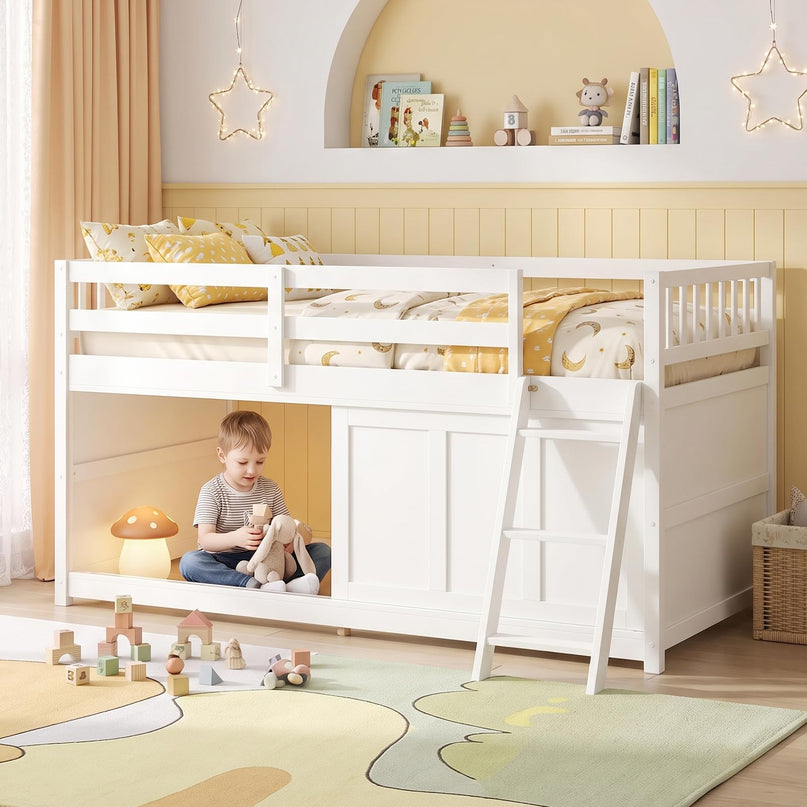GIANTEX Wooden Low Loft Bed Twin Size with Spacious Under-Bed Play Space