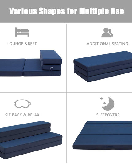 4" Thick Folding Portable Mattress Pad Sofa Bed with No Carrying Handles and Removable Washable Fabric Queen Blue