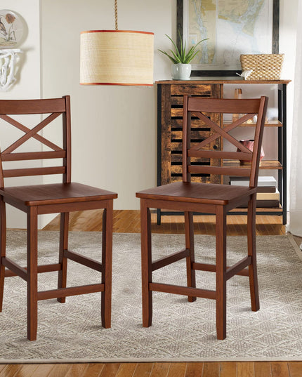 Giantex 25'' Antique Kitchen Counter Height Chairs with Wooden X-Shaped Backrest & Rubber Wood Legs
