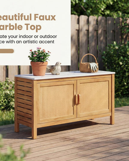 Giantex Acacia Wood Outdoor Cabinet w/Faux Marble Top