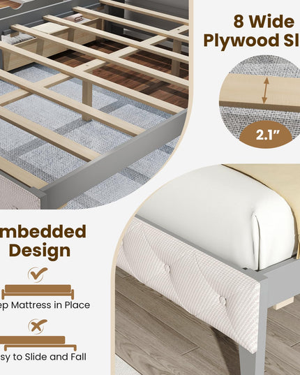 Giantex Gray Full Size Bed Frame with Upholstered Bookcase Headboard