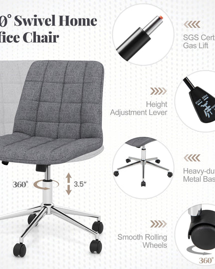 Giantex Armless Office Chair, Linen Fabric Vanity Chair with Wheels & Adjustable Height, 360° Rolling Swivel Task Computer Chair