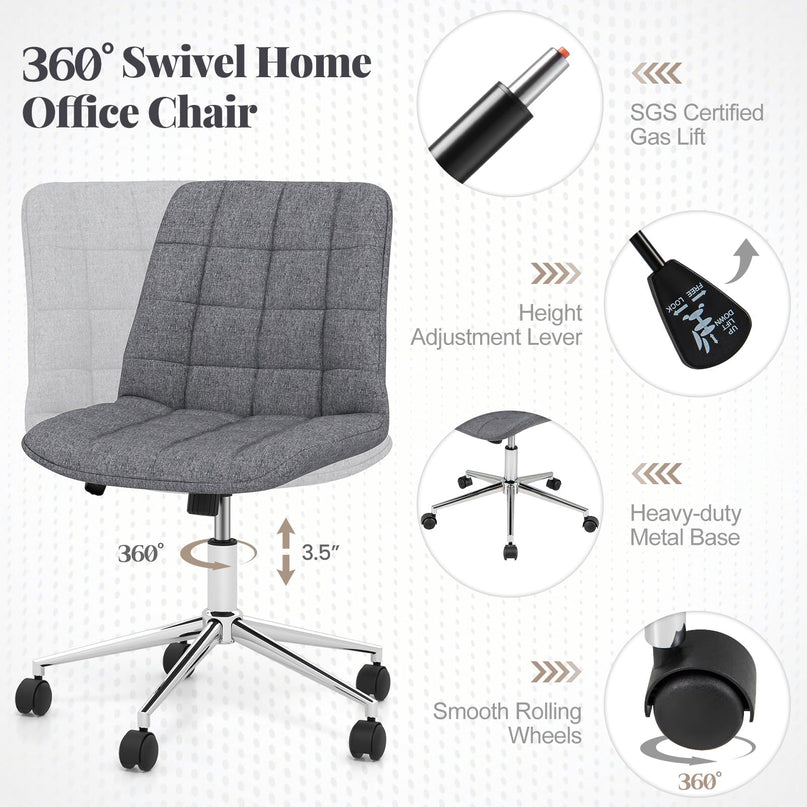 Giantex Armless Office Chair, Linen Fabric Vanity Chair with Wheels & Adjustable Height, 360° Rolling Swivel Task Computer Chair