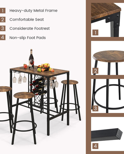 Giantex 5 Pieces Bar Table and Stools Set - Bar Height Table with Stools for 4, Kitchen Table Set with Wine Rack & Glass Holder