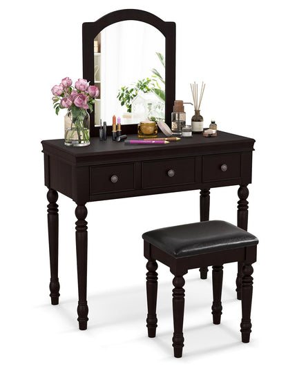 CHARMAID Makeup Vanity Desk with Mirror and Stool, Vanity Table Set with Large Mirror, 3 Drawers, Cushioned Stool
