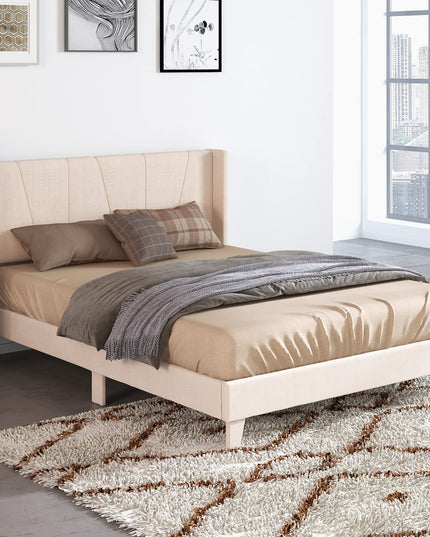 Giantex Queen/Full Bed Frame with Geometric Wingback Headboard, Modern Beige Bed