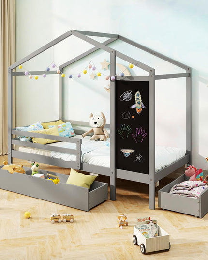 Giantex Twin Bed with 2 Storage Drawers, Solid Wood House Bed with Blackboard & Safety Guardrails