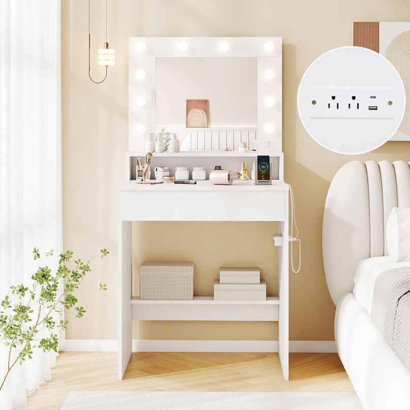CHARMAID Vanity Desk with Mirror and Lights for Small Bedroom Narrow Space